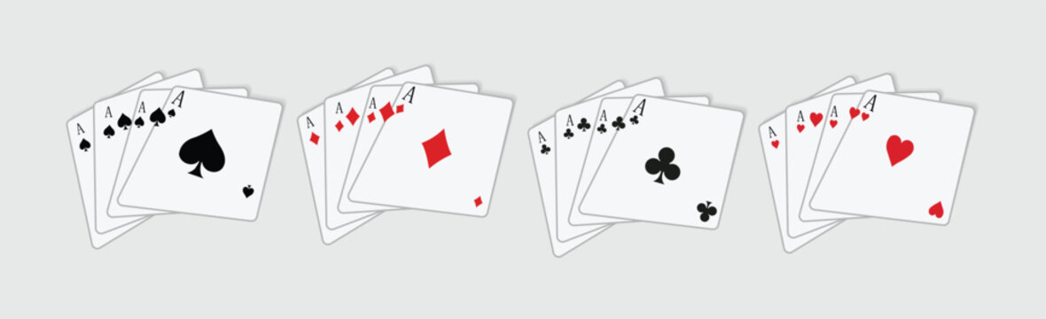 Set of all four suits of aces playing cards. Royal flush hand of clubs, diamonds, hearts. Poker cards, jack, queen, king and ace vector.