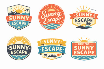 Obraz premium Collection of sunny escape emblems and labels, symbolizing summer travel, beach vacation, and adventure tourism