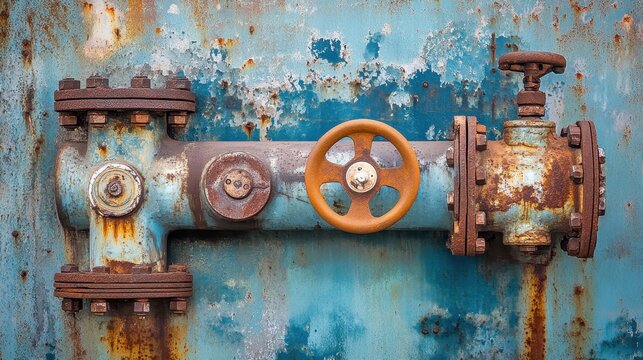 Detailed Textured Surface of Rusty Industrial Pipe with Orange Valve and Flanges Shows Weathered Metal Grime