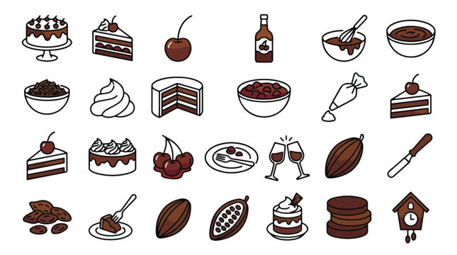 Black Forest Cake Icon Set in Flat Line Style. A collection of Chocolate Dessert Linear Icons, including cherry, cocoa, pastry, baking, gateau, cream, whisk, slice, pod, spatula