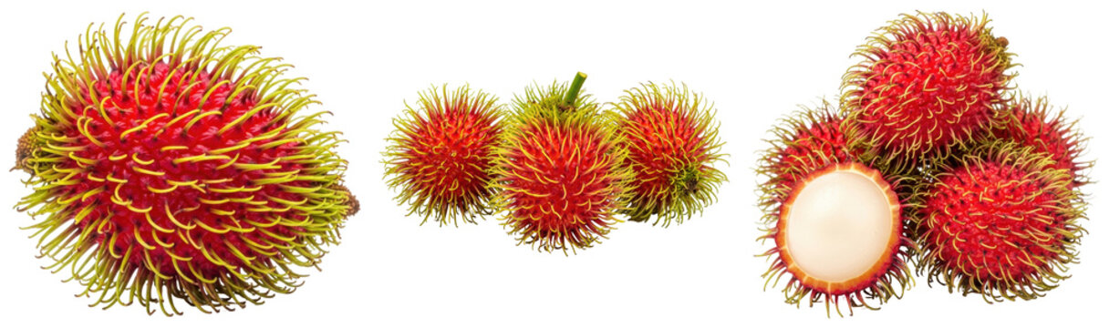Fresh tropical rambutan fruit photograph, isolated on a transparent background, highlighting its unique red, spiky skin.