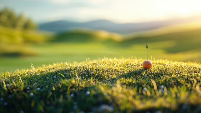 Golf ball on the green with shallow depth of field, soft afternoon light, golf course backdrop
