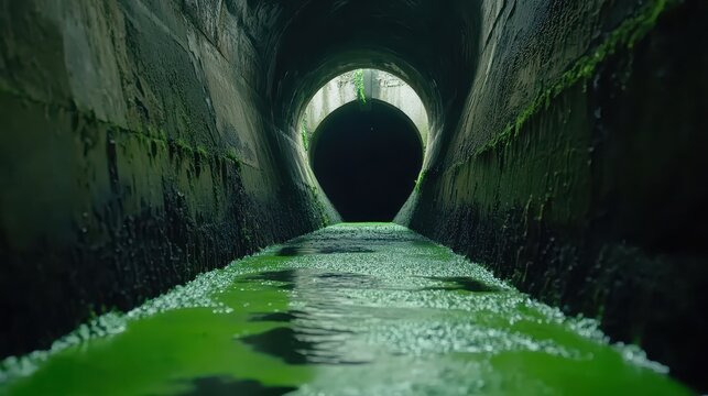 Green Algal Bloom Forming in Polluted Stormwater Drainage Outfall Tunnel with Overcast Lighting