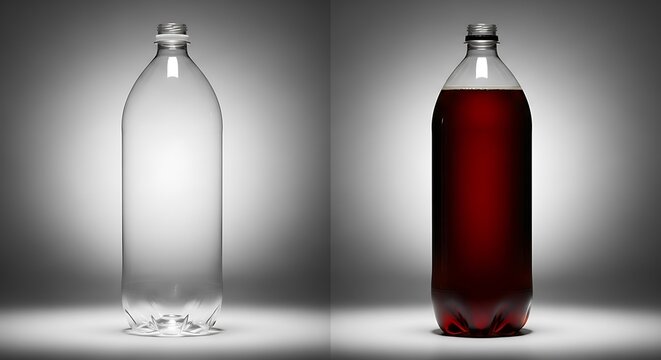 Comparison of an empty transparent plastic bottle and a bottle filled with dark red liquid. 2 liter soda