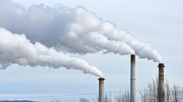 Massive industrial factory chimneys releasing thick smoke into an overcast sky, highlighting pollution and environmental impact.