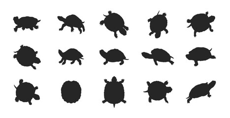 Assortment of sea turtles in silhouette swimming and resting. Turtle silhouettes collection, walking tortoise reptile poses set, black turtle pack animal shapes, isolated wildlife vector illustration. © Islam