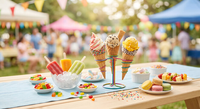 Assorted ice cream cones and popsicles on a picnic table at a party