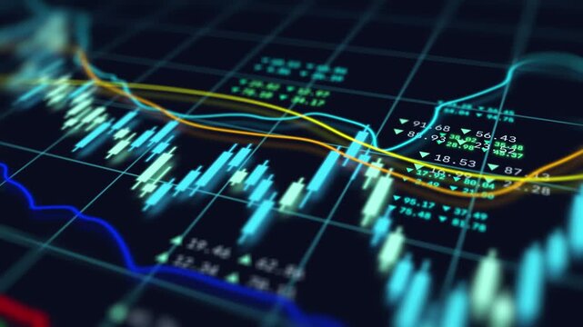 Digital stock market tracking graph screen display, business economic finances asset system analysis data trend, global trading concept