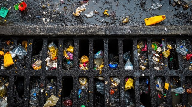 Plastic pollution clogging city storm drains with close-up detail under overcast lighting