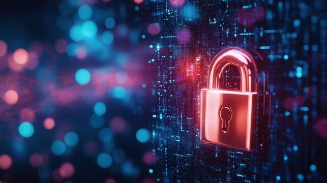 Shiny Padlock Securing Digital Network with Glowing Cybernetic Lights and Abstract Data Background