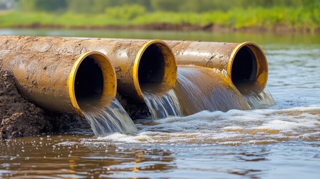 Sewage pipes discharging contaminated water into a polluted pond with a forest background