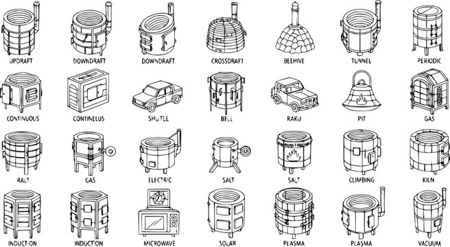 Hand-Drawn Line Art Kilns and Furnaces Vector Icons. Black and White Set of Ceramic Pottery and Industrial Firing Ovens Types.