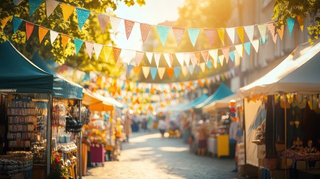 Vibrant outdoor market festival with colorful bunting and bustling stalls on a sunny day