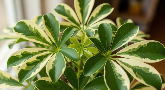 Close-up of a vibrant Schefflera plant with variegated green and cream leaves, showcasing its unique foliage pattern.
