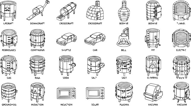 Industrial Kilns and Furnaces Types Line Art Icons Set for Manufacturing and Ceramics Production - Black and White Outline Illustrations