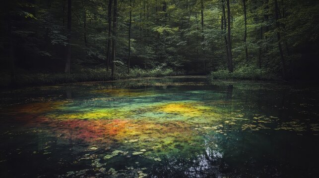 Vibrant toxic algae bloom glows with surreal colors on the surface of a forest pond reflecting the trees and sky