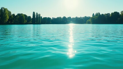 Obraz premium Vibrant toxic algae bloom illuminating a polluted lake under the bright midday sun, creating striking visual contrasts
