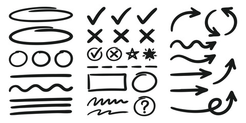 Hand drawn doodle set with arrows checkmarks circles and underlines vector illustration for design elements © GraphixEra