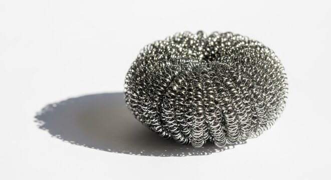 Close-up of a metallic scourer on a white background with a shadow.
