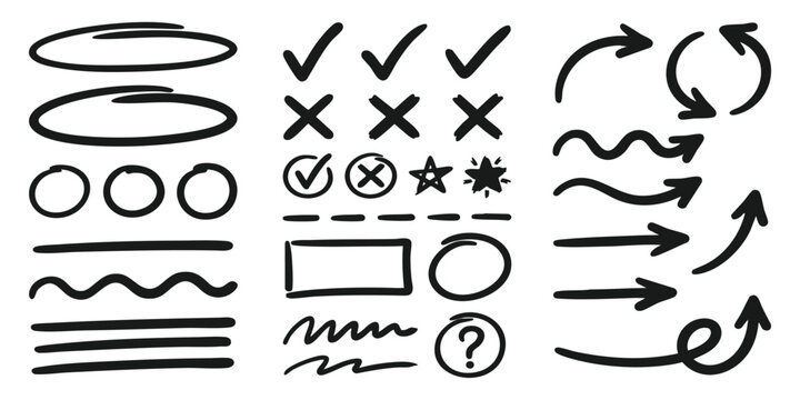 Hand drawn doodle set with arrows checkmarks circles and underlines vector illustration for design elements