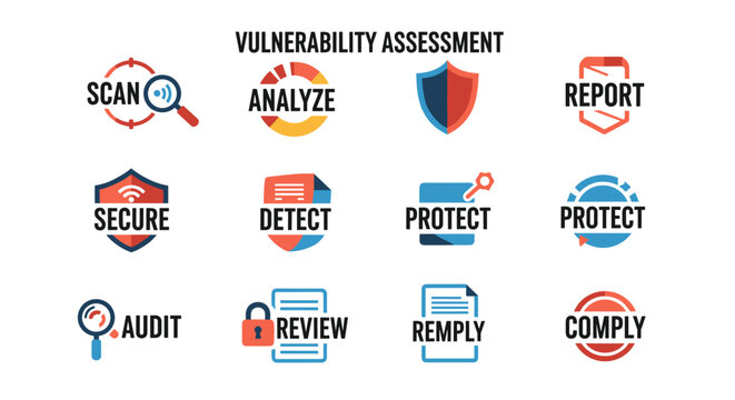 Vulnerability assessment icons depicting scan, analyze, report, secure, detect, protect, audit, review, and comply processes with clean lines and a modern color palette of red,
