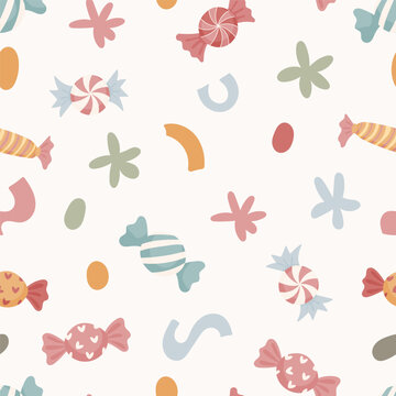 Seamless pattern with colorful candies and abstract shapes in soft pastel colors. Playful and minimal style. Perfect for fabric, packaging, kids design, wrapping paper and backgrounds