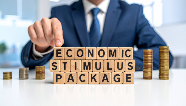 Economic Stimulus Package - Geschäftsmann zeigt auf das Wort "Economic Stimulus Package"