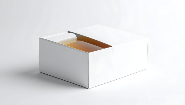 A minimalist white cardboard box with a section slid open revealing liquid inside