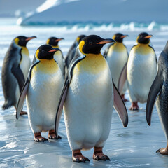 Fototapeta premium A group of emperor penguins stands on an ice floe in a cold, icy landscape