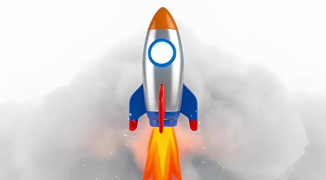Stylized illustration of a rocket launching with clouds of smoke in the background