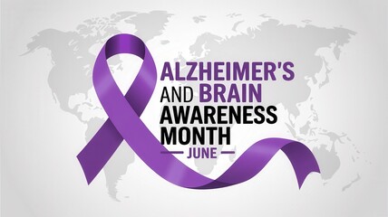 Fototapeta premium Alzheimer's and Brain Awareness Month banner with purple ribbon and world map background