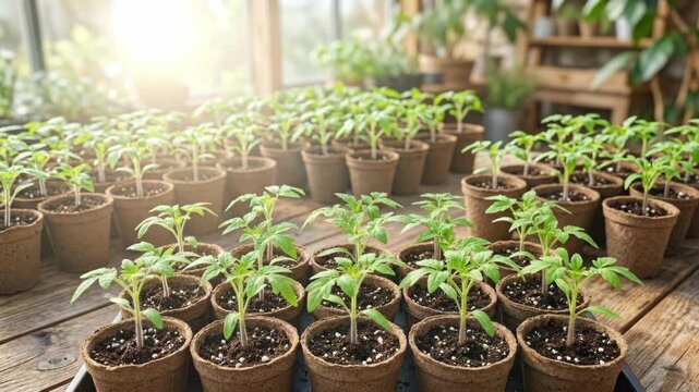 Rows of young tomato seedlings in pots on wooden table in greenhouse. Early stage plant growth and sustainable agriculture. Organic gardening and cultivation concept for home farming