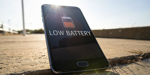 Emergency energy concept with a smartphone displaying a low battery warning under the noon sunlight