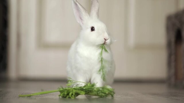 cute white rabbit eats vegetables