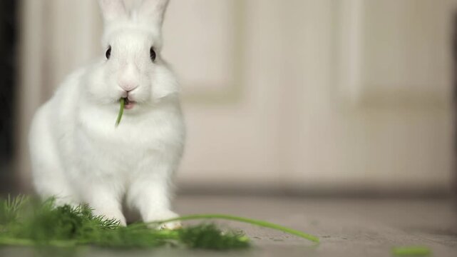 cute white rabbit eats vegetables