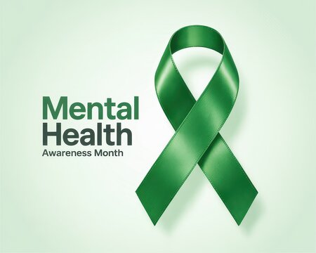 Green ribbon symbol for Mental Health Awareness Month on light green gradient background