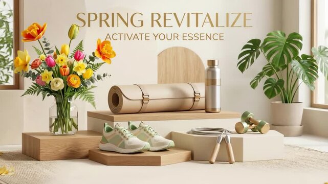 Spring revitalize wellness setup with tulips yoga mat water bottle green sneakers dumbbells and jump rope. Activate your essence concept for seasonal renewal health motivation and fresh fitness start
