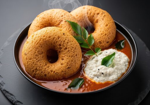 Delicious medu vada served with sambar and coconut chutney in a black bowl
