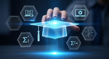 Fototapeta premium Interactive Online Course Interface with Glowing Graduation Cap and Mathematical Science Symbols