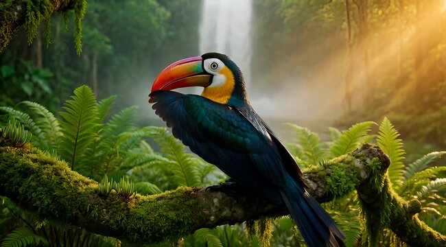 Vibrant toucan perched on mossy branch in a lush tropical rainforest