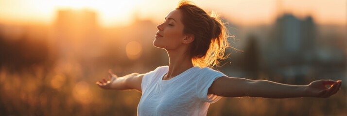 Fototapeta premium A woman with her arms outstretched, enjoying the fresh air and sunshine on a summer day, in a panoramic banner.