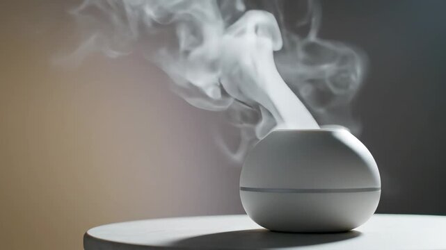 Video of Aromatic diffusion mist floating in minimalist interior setting representing clean living, wellness lifestyle and breathable environment concept for digital branding.