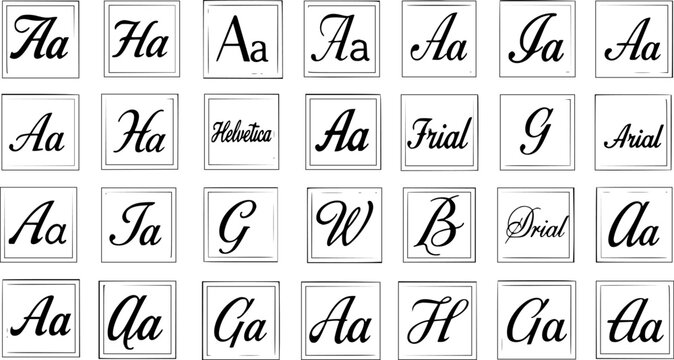 Black and White Line Art Collection of Various Font Styles and Letters in Squares, Vector Stock Asset