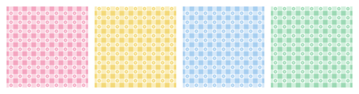 A seamless gingham pattern set. Vichy checkered background with flower in pink, yellow, green, blue colors. Easter Print.