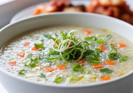 A bowl of warm korean rice porridge, known as juk, garnished with fresh green onions and diced carrots
