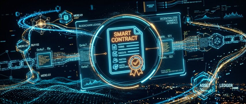 Futuristic digital depiction of a blockchain network with a central smart contract document, surrounded by decentralized ledger nodes, cryptographic links, data streams and tokens