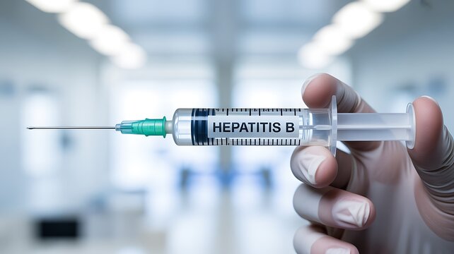 Gloved hand holds medical syringe with Hepatitis B vaccine solution