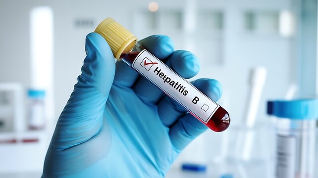 Gloved hand holding blood test tube for Hepatitis B virus detection in lab
