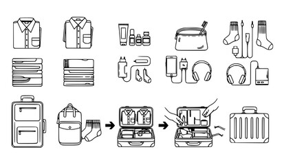 A flat design vector illustration showcasing the process of packing a suitcase with various essential items for travel © aminul