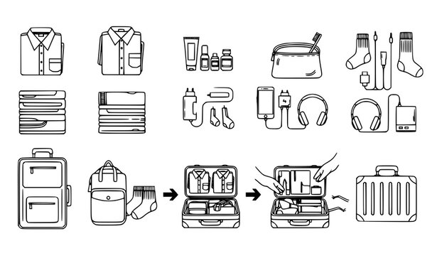 A flat design vector illustration showcasing the process of packing a suitcase with various essential items for travel